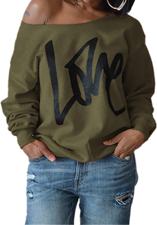 "Love Letter Printed off Shoulder Sweatshirt: Stylishly Oversized and Slouchy Women'S Pullover Tops"